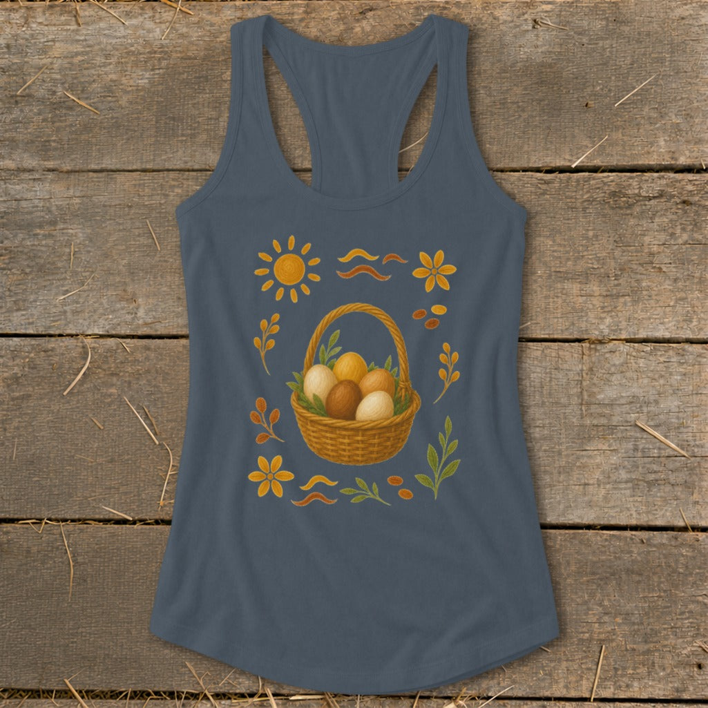 Blue tank top with Easter basket, eggs, sun, flowers, and leaves graphic.