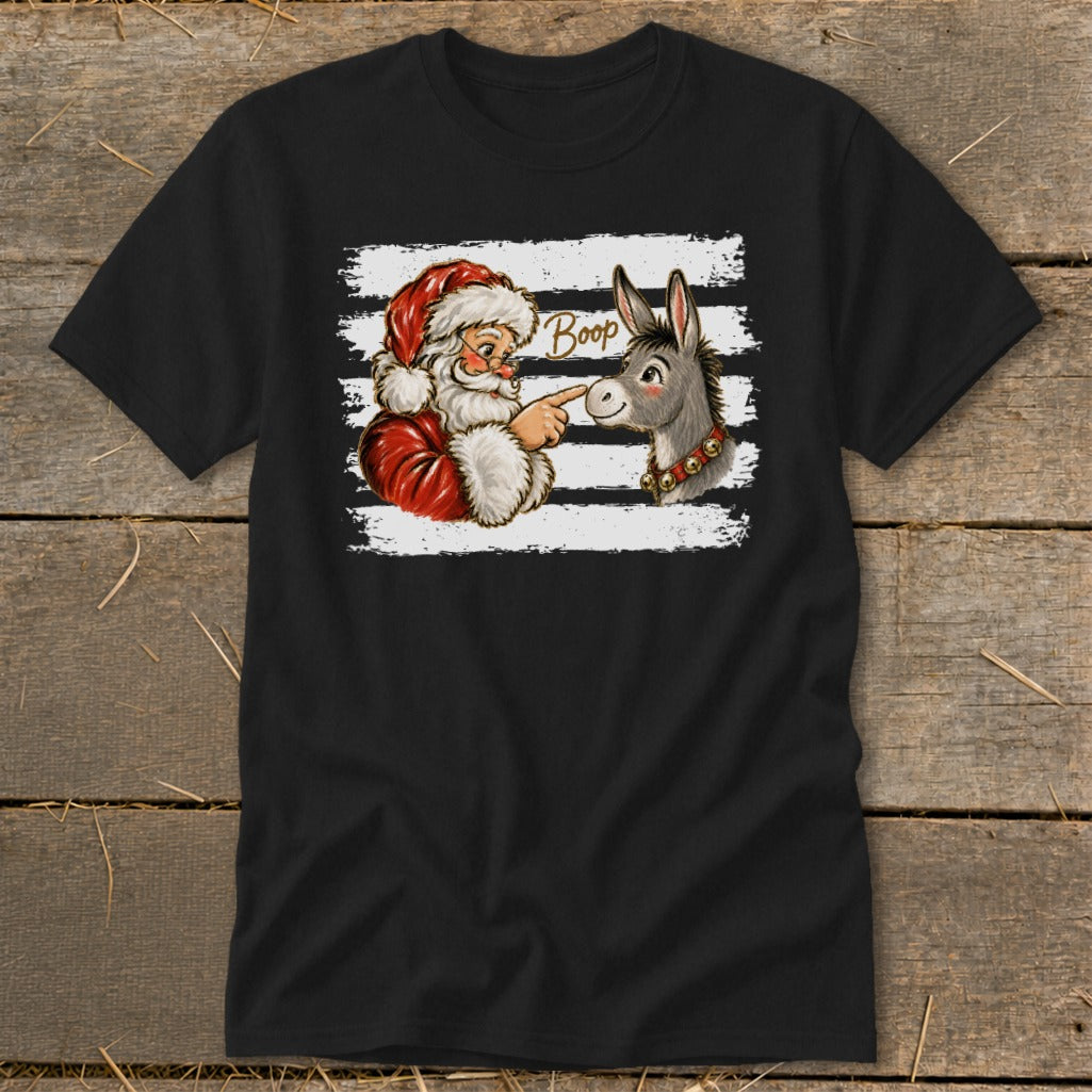 Santa booping a donkey with the word "Boop" on a black t-shirt.