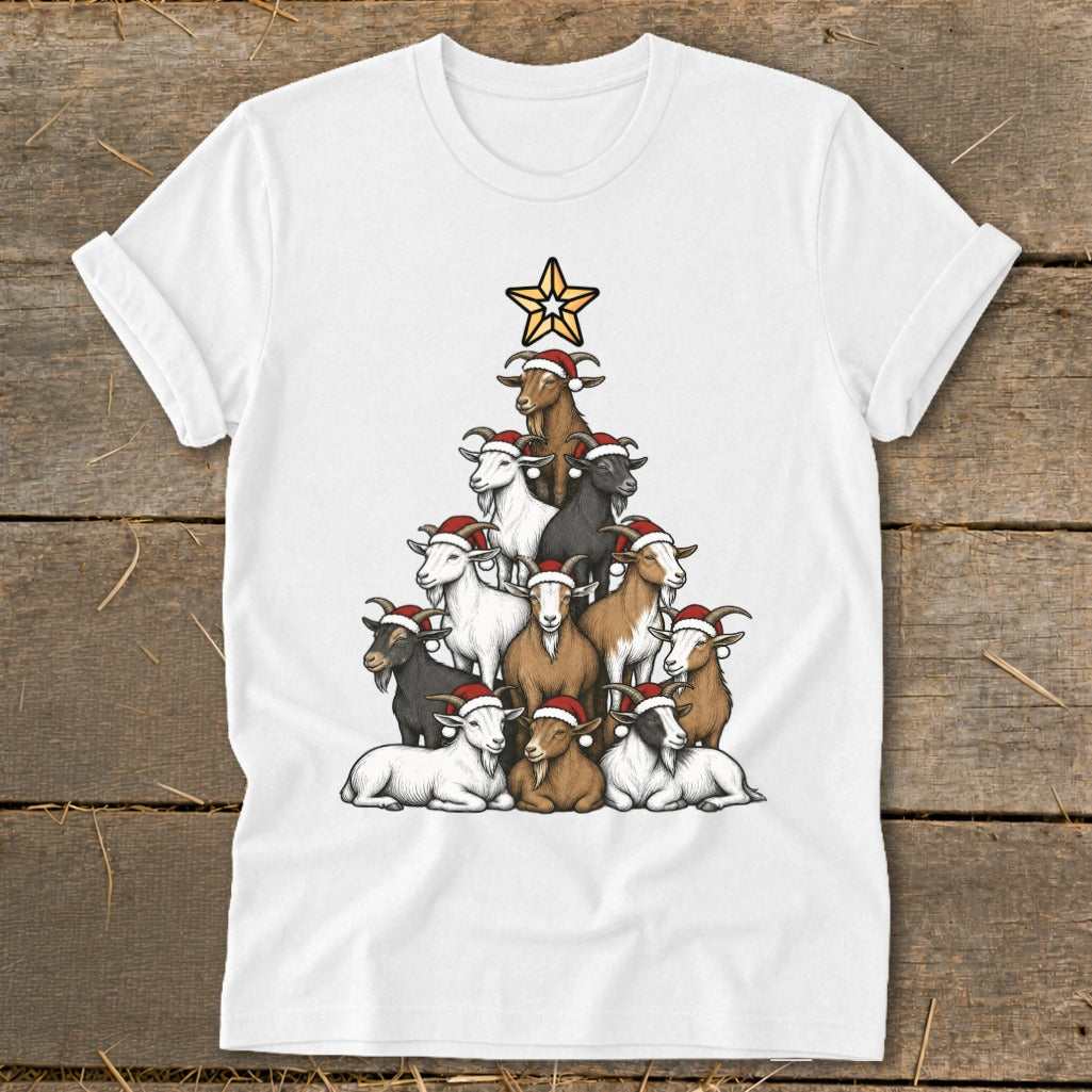 Christmas tree made of goats wearing Santa hats with a star on top.