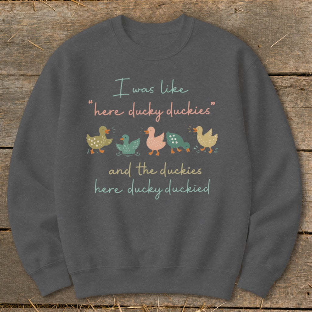 Sweatshirt with cartoon ducks and text "I was like 'here ducky duckies' and the duckies here ducky duckied".