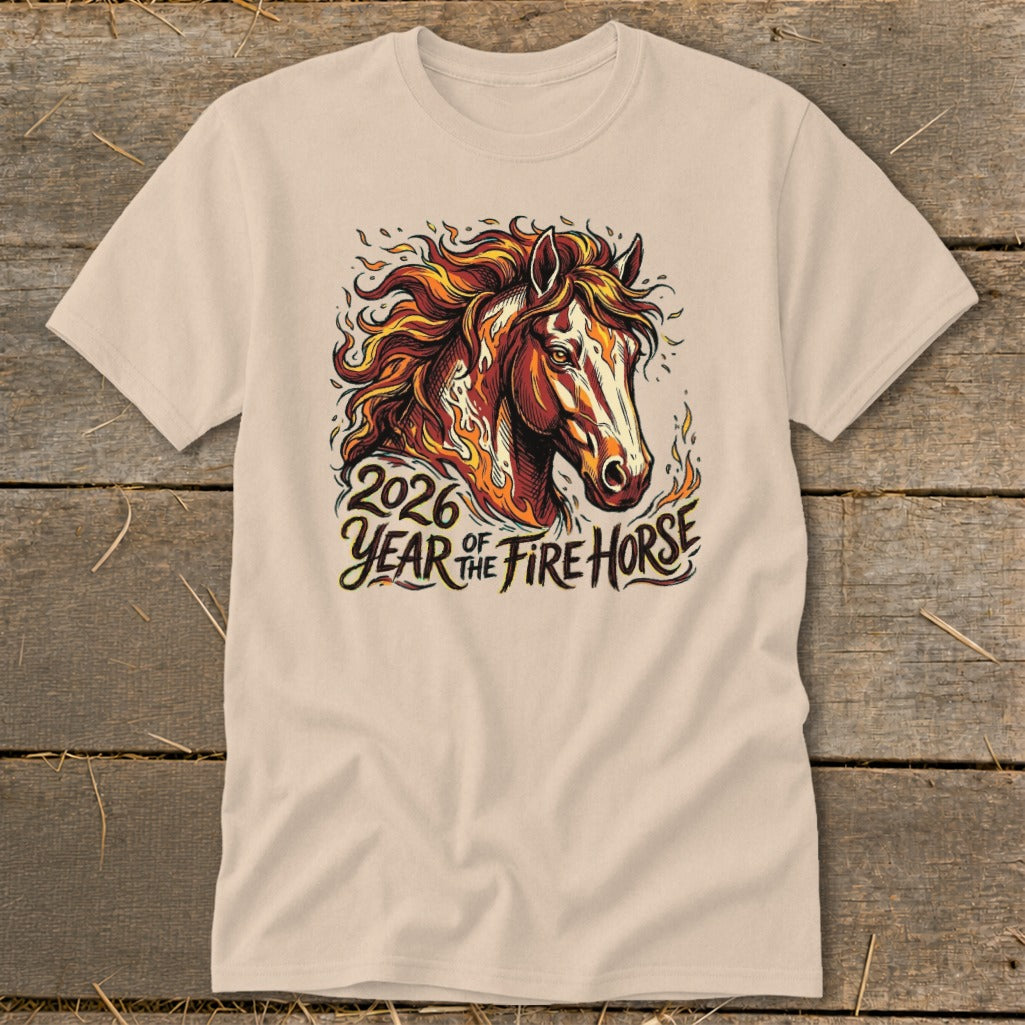 Light tan t-shirt with a fire horse graphic and "2026 Year of the Fire Horse" text.