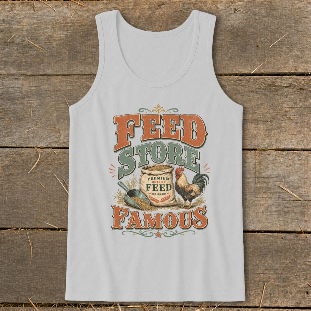 White tank top with "Feed Store Famous" text, bag of feed, scoop, and rooster graphic.