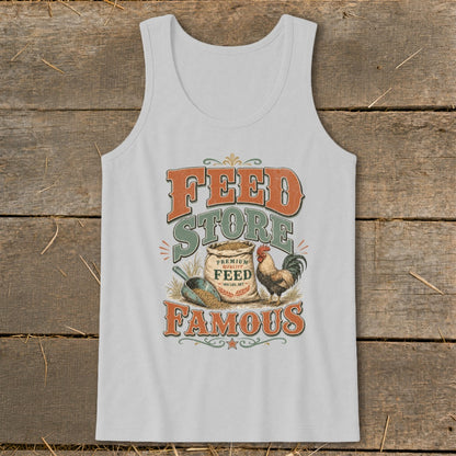 White tank top with "Feed Store Famous" text, bag of feed, scoop, and rooster graphic.