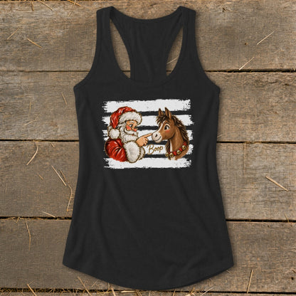 Santa booping a horse's nose with the word "Boop" on a black tank top.