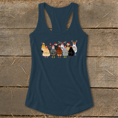 Dark blue tank top with a Christmas-themed chicken illustration across the chest.