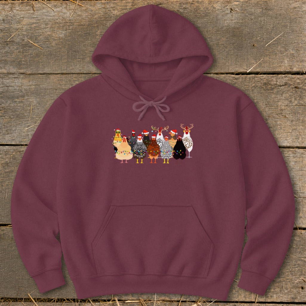 Maroon hoodie featuring a row of festive chickens wearing Santa hats and Christmas lights.