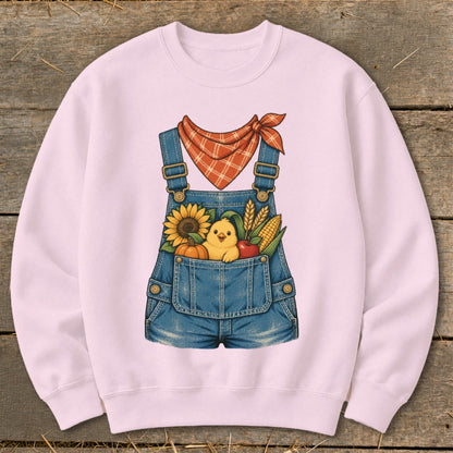 Pink sweatshirt with a denim overalls graphic featuring a chick and farm produce.