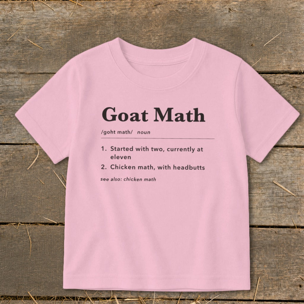 Pink t-shirt with "Goat Math" definition: "Started with two, currently at eleven."
