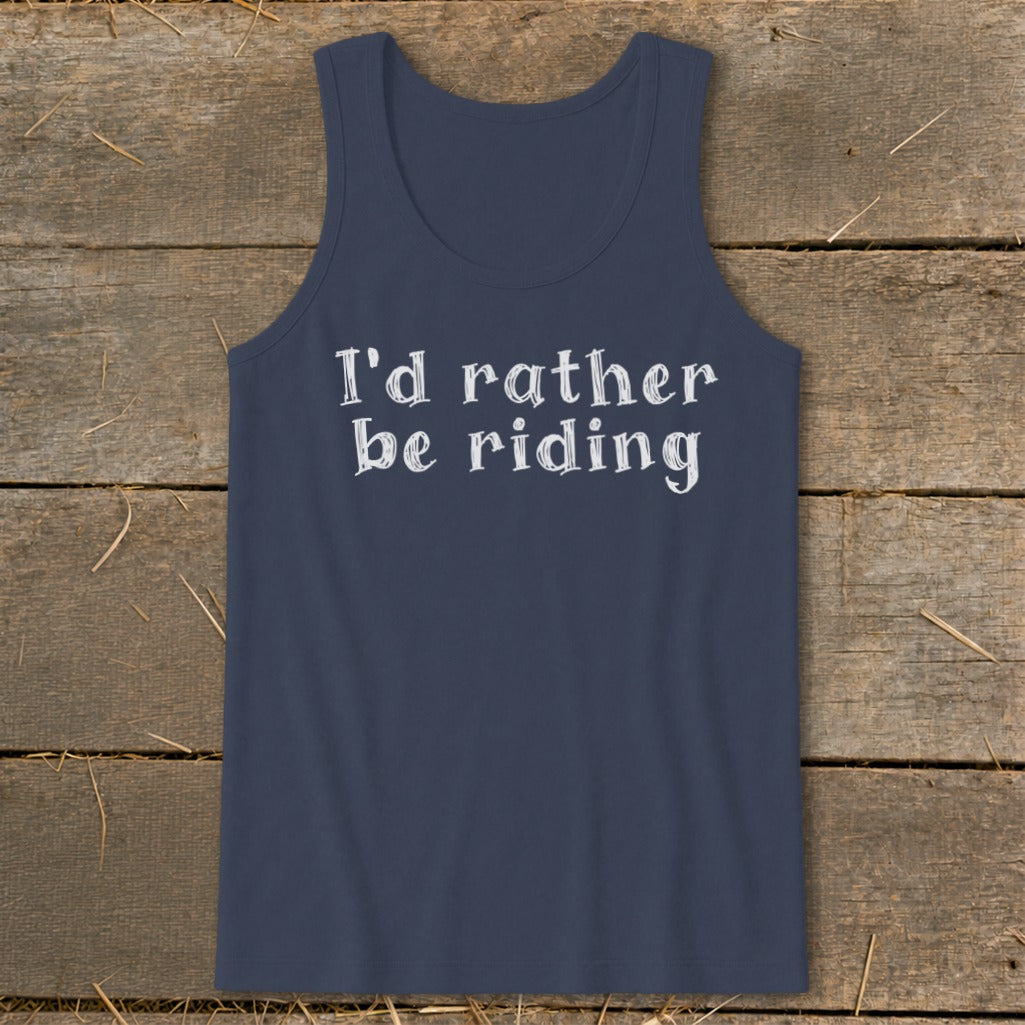 Navy tank top with white text "I'd rather be riding".