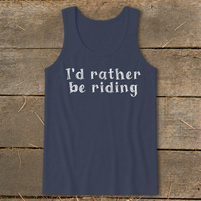 Navy tank top with white text "I'd rather be riding".