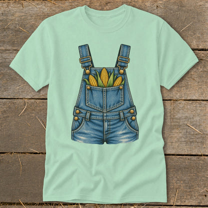 Mint green t-shirt with a graphic of denim overalls holding three ears of corn.