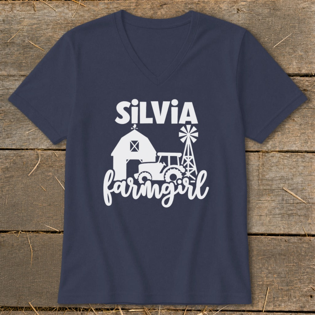 Navy v-neck t-shirt with "SILVIA farmgirl" text and farm graphics.
