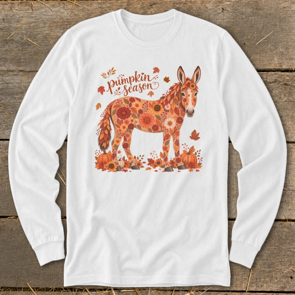 White long sleeve shirt with a floral donkey, pumpkins, and "Pumpkin Season" text.