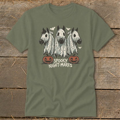 Three horses in ghost costumes with pumpkins and bats, "Spooky Night-Mares" text.