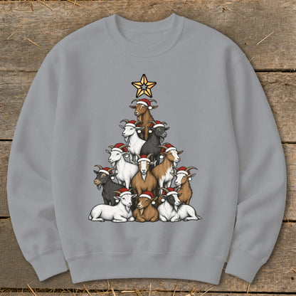 Christmas tree made of goats wearing Santa hats, topped with a star.