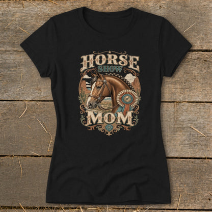 Horse Show Mom graphic with a horse head and rosette on a black t-shirt.