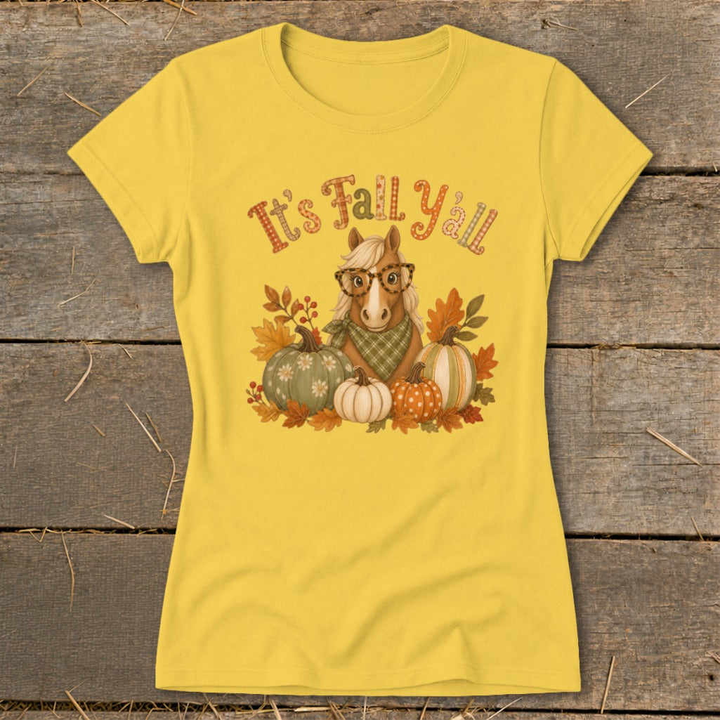 Yellow t-shirt with a horse, pumpkins, and "It's Fall Y'all" text.