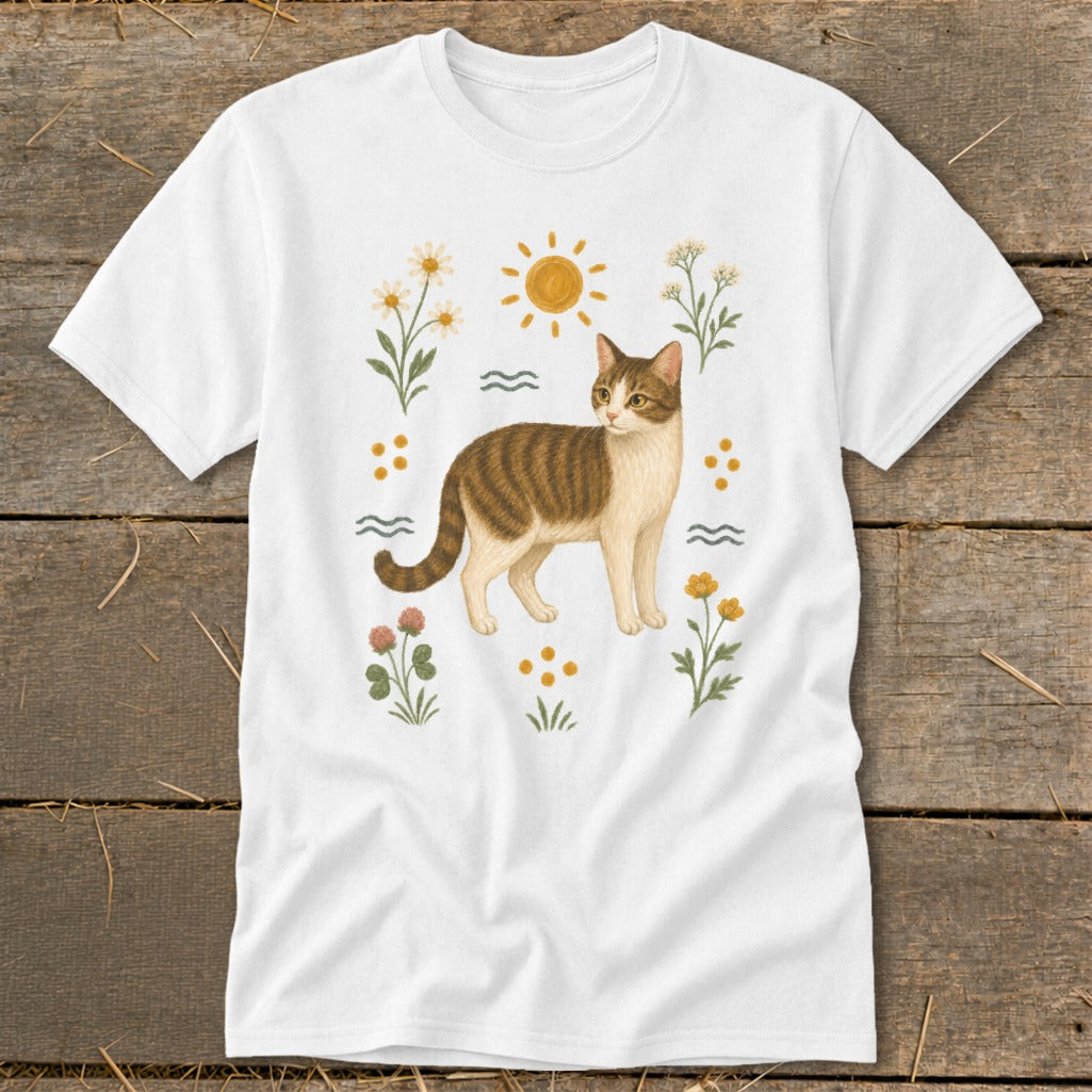 White t-shirt with brown and white tabby cat surrounded by flowers and sun.