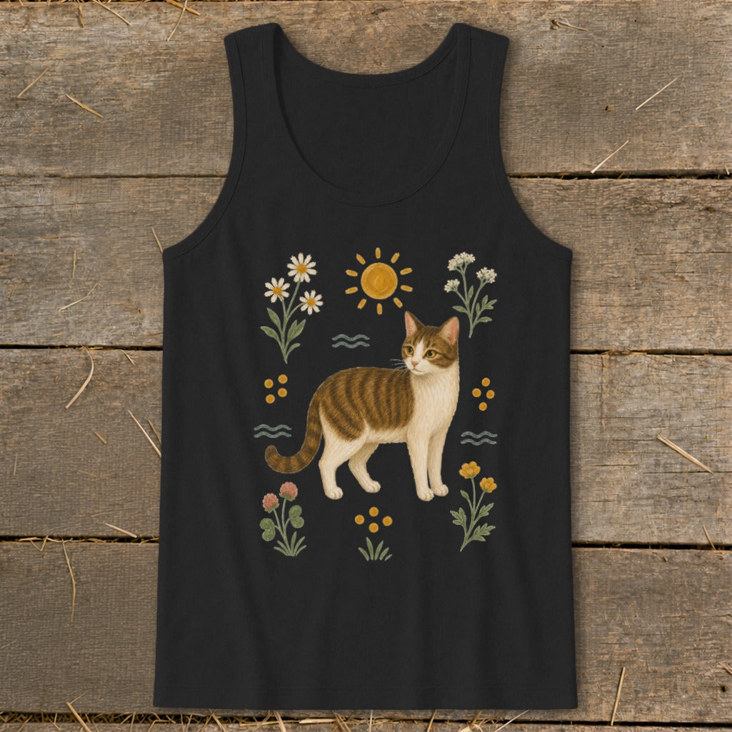 Black tank top with a tabby cat surrounded by flowers and a sun.