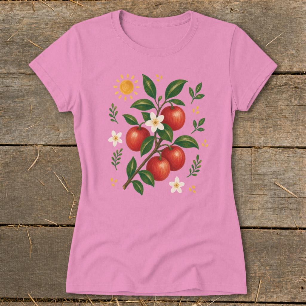 Pink t-shirt with an apple branch design, white flowers, and a sun.