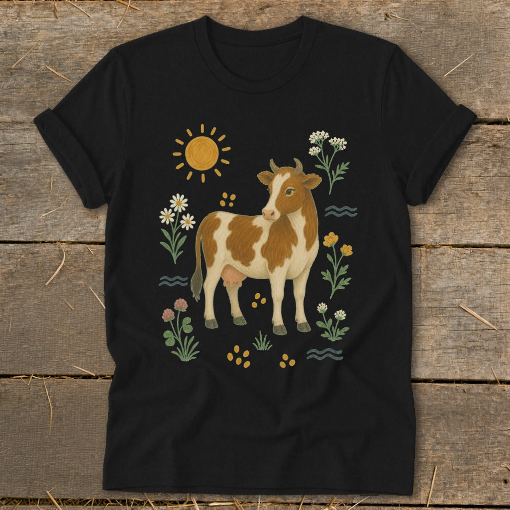 Brown and white cow illustration with sun and wildflowers on a black t-shirt.