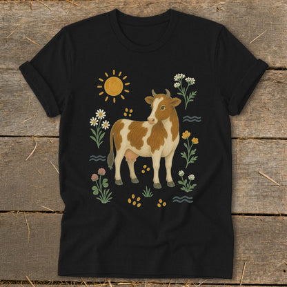 Brown and white cow illustration with sun and wildflowers on a black t-shirt.