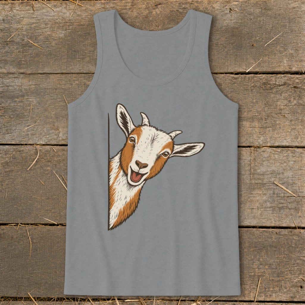 Illustration of a happy goat peeking from the side on a grey tank top.