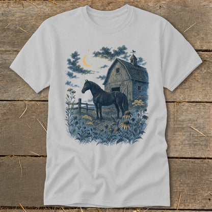 Dark horse stands in a field of flowers beside a barn under a crescent moon.