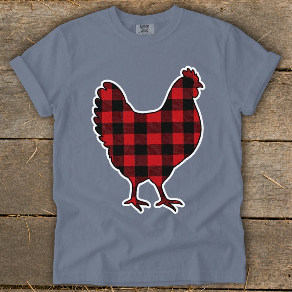 Gray t-shirt with a buffalo plaid chicken graphic on the front.