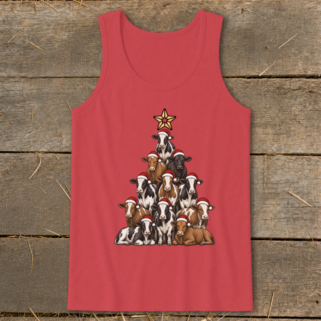 Red tank top with a Christmas tree shape made of cows wearing Santa hats.