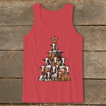 Red tank top with a Christmas tree shape made of cows wearing Santa hats.