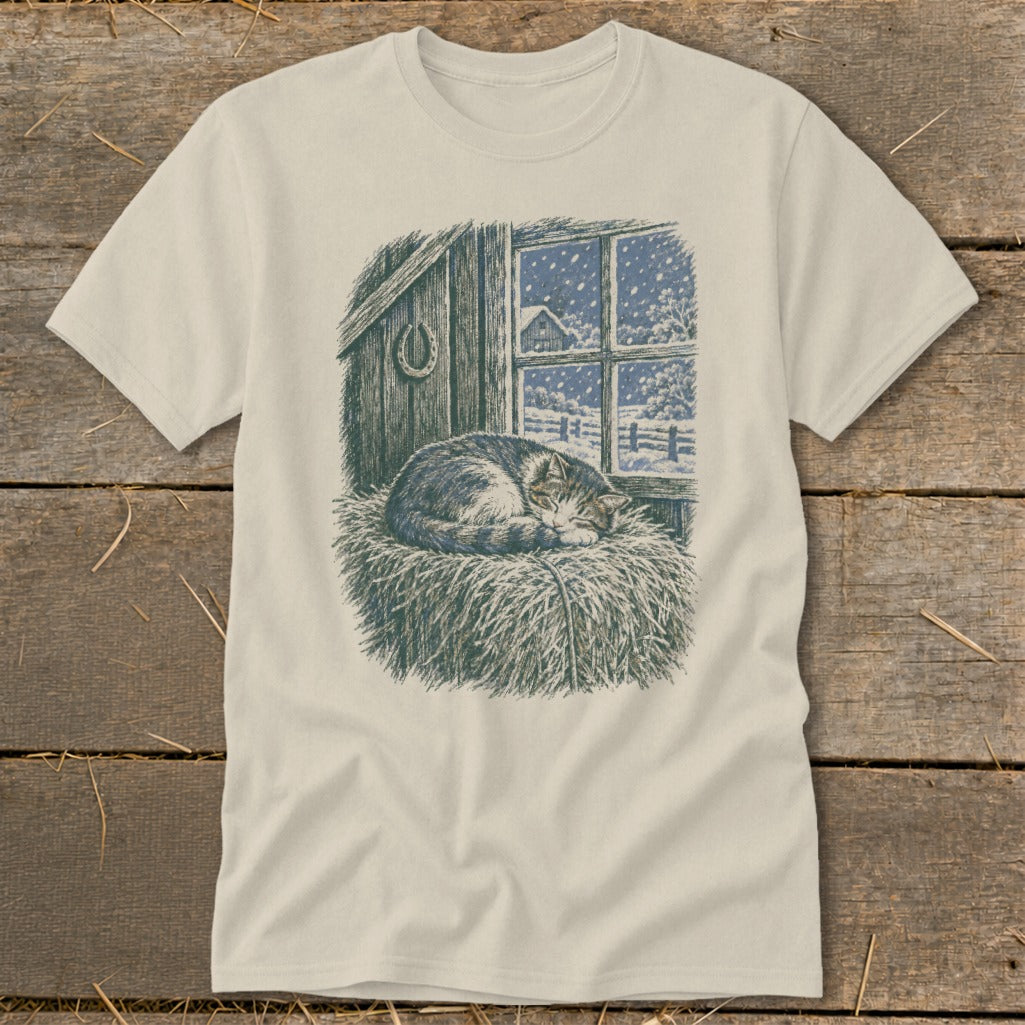Cat sleeping on hay in a barn with a snowy window scene and horseshoe.