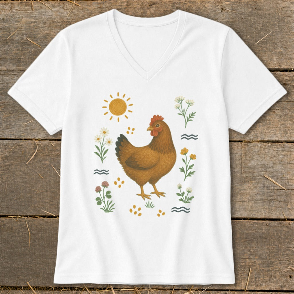 White v-neck t-shirt with a rustic chicken and floral illustration design.