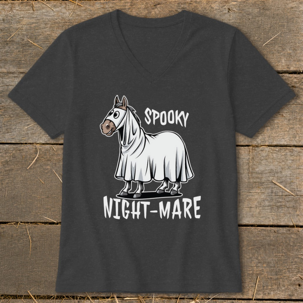 Horse in a ghost costume with "Spooky Night-Mare" text.