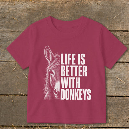 Maroon t-shirt with a donkey illustration and "Life Is Better With Donkeys" text.