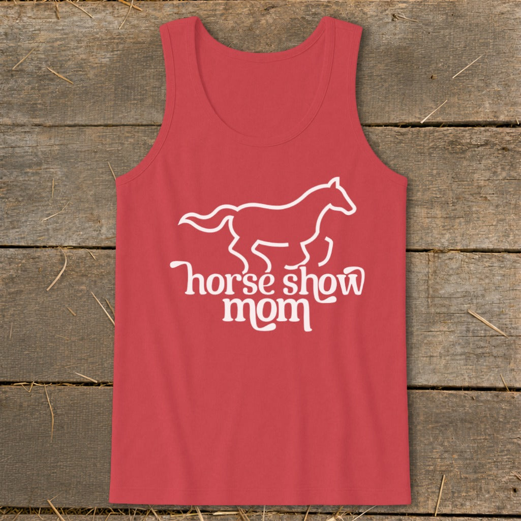 Red tank top with white horse silhouette and text "horse show mom".