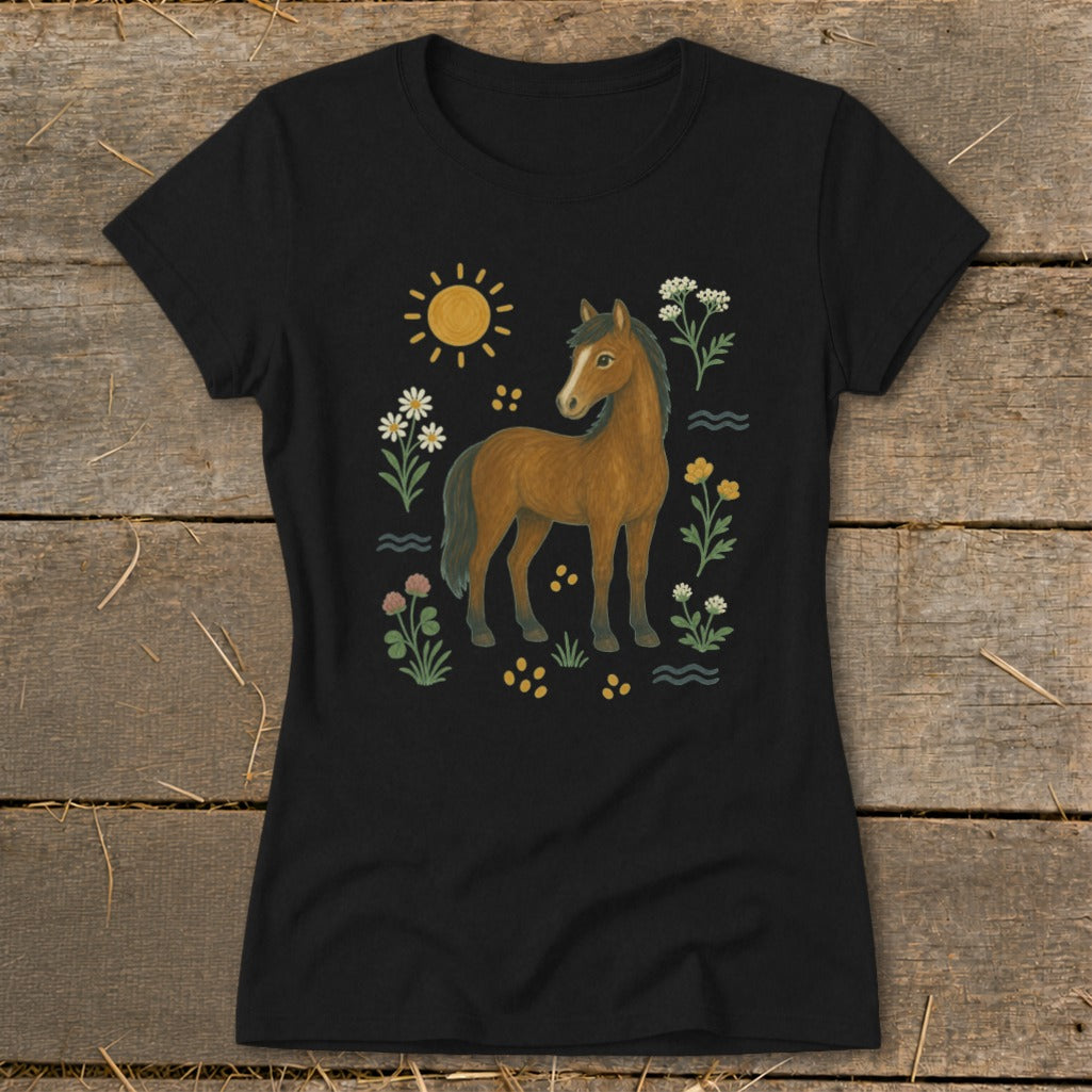 Black t-shirt with a brown horse, sun, flowers, and waves illustration.