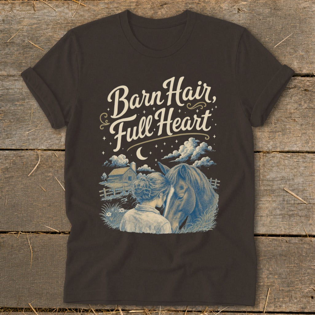 T-shirt with "Barn Hair, Full Heart" text and a girl embracing a horse.