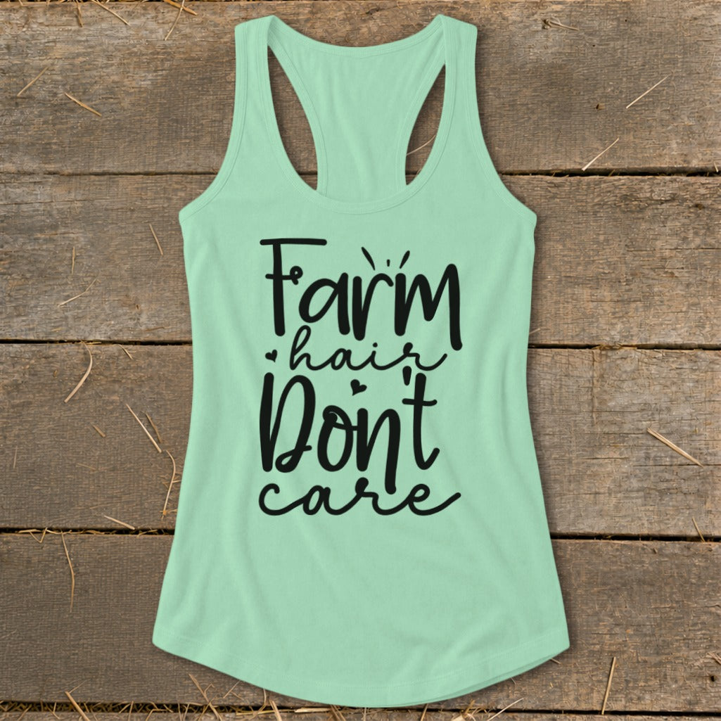 Light green tank top with black text: "Farm hair Don't care".