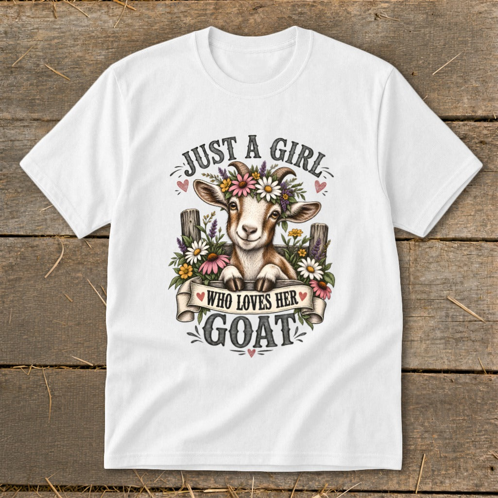 White t-shirt with a goat wearing a flower crown, text reads "Just a Girl Who Loves Her Goat".