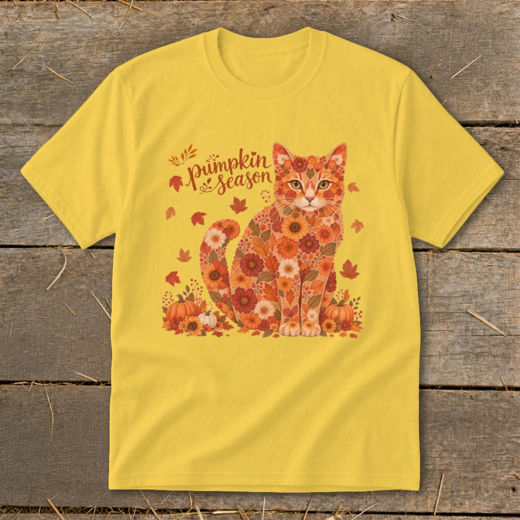Yellow t-shirt with a floral cat, pumpkins, and "Pumpkin Season" text.