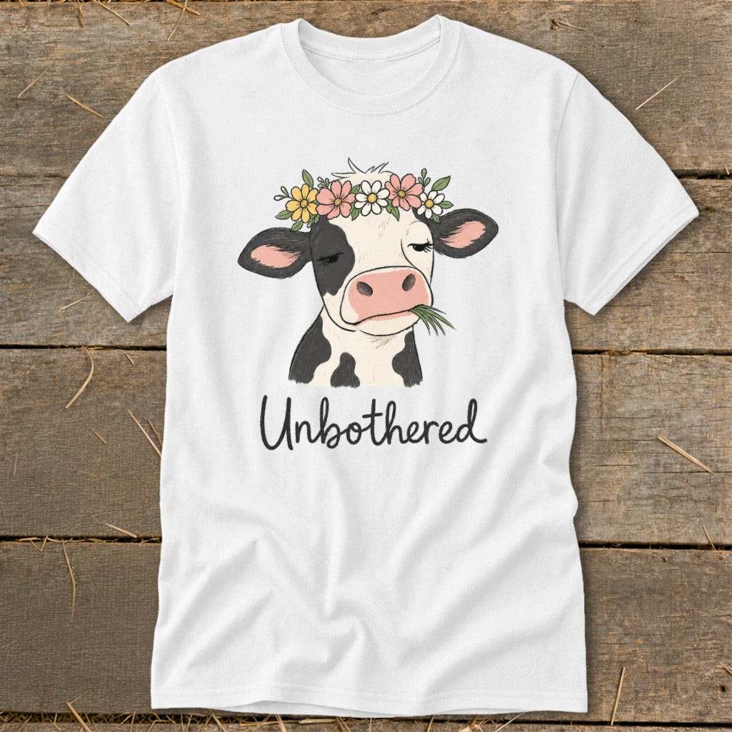 White t-shirt with a cartoon cow wearing a flower crown and the word "Unbothered".