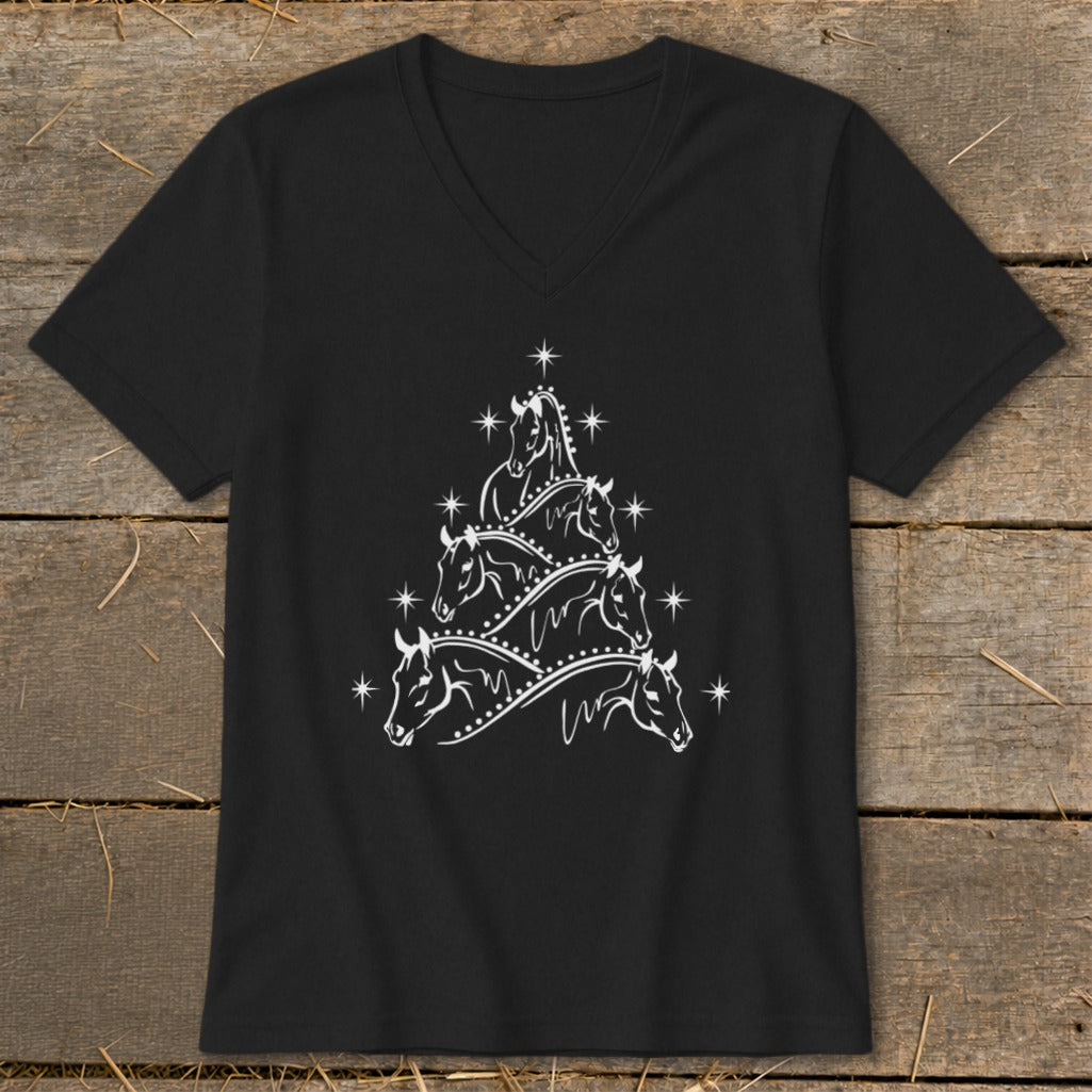 Black v-neck t-shirt with white horse heads forming a Christmas tree design.
