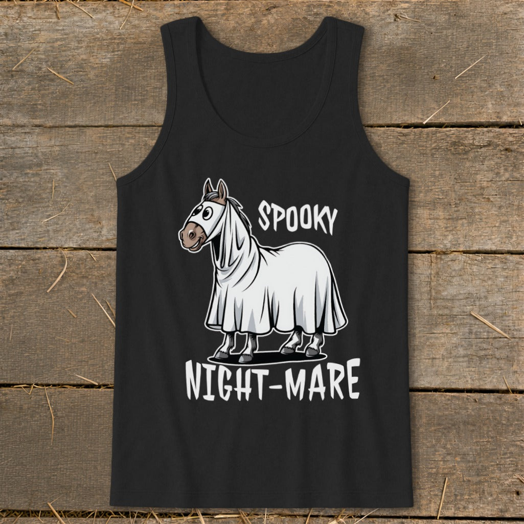 Black tank top with cartoon horse wearing ghost costume and text "Spooky Night-Mare."