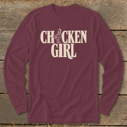 Maroon long-sleeve shirt with "CHICKEN GIRL" text and chicken graphic.
