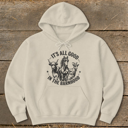 Cream hoodie with graphic of bull, horse, goat, and pig with text "It's All Good In The Barnhood".