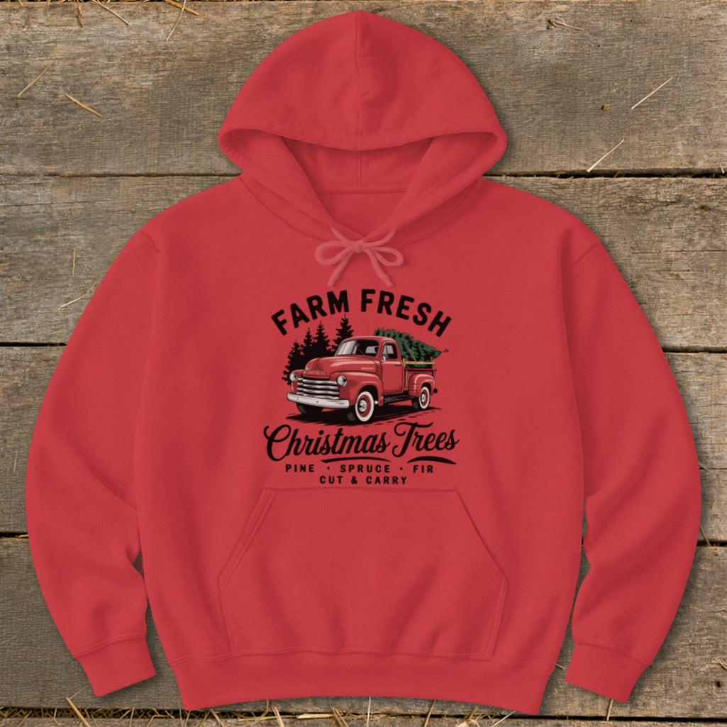 Red hoodie with "Farm Fresh Christmas Trees" graphic featuring a vintage truck.