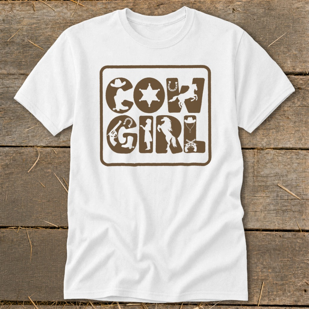 White t-shirt with "COWGIRL" text made of cowboy-themed icons.
