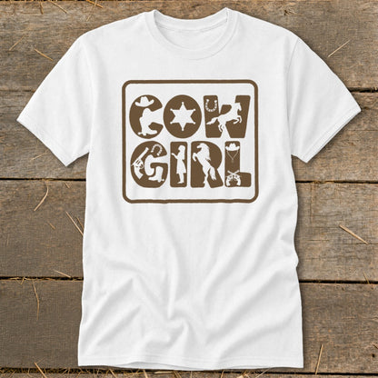 White t-shirt with "COWGIRL" text made of cowboy-themed icons.
