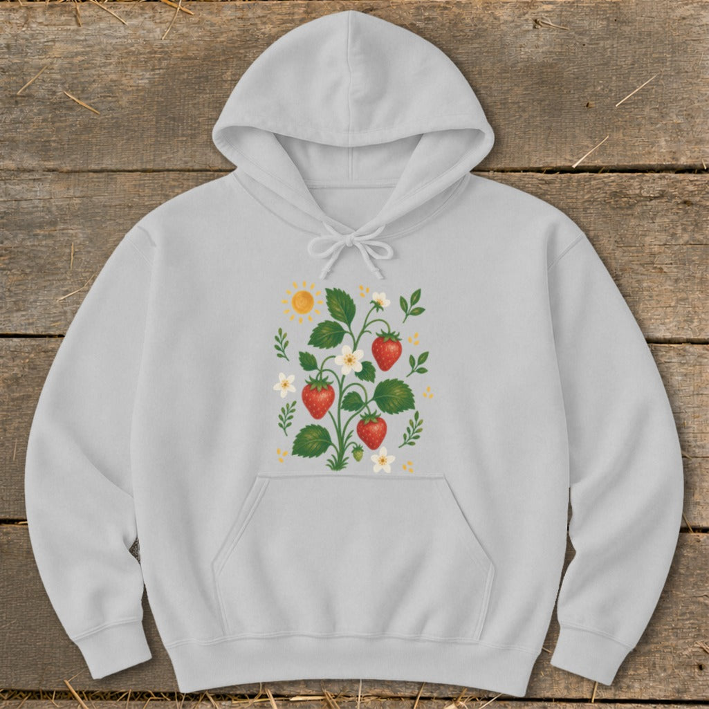 Light grey hoodie with a whimsical strawberry plant illustration and a sun.